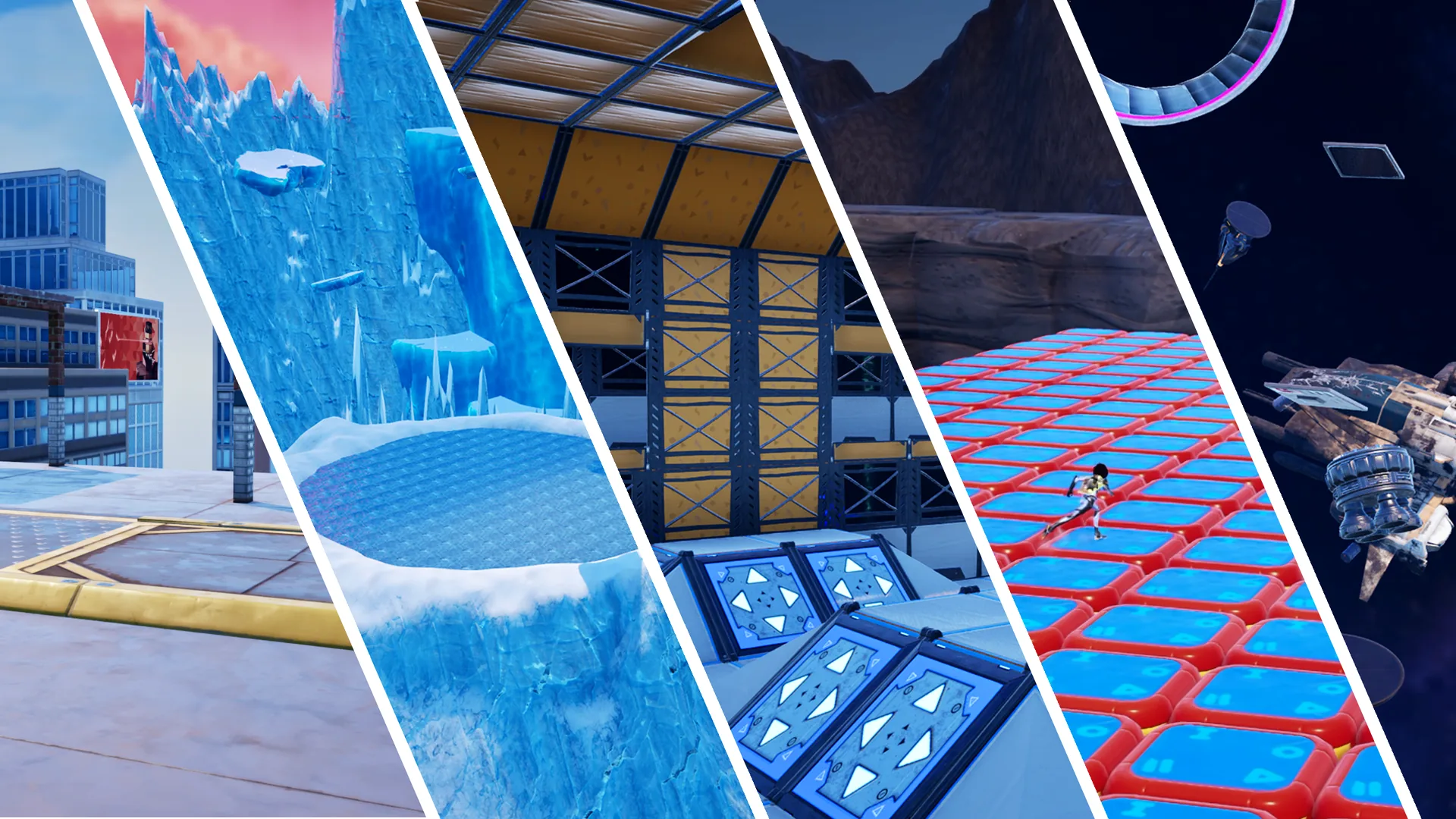 As cinco arenas do Multiverse Gun Game lado a lado: cidade, gelo, sala industrial, lava e espaço