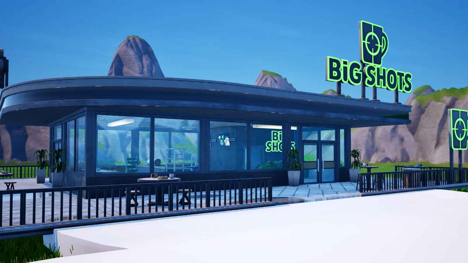 Negócio do The Shopping District em nível avançado: uma cafeteria completa, com fachada de vidro e letreiro